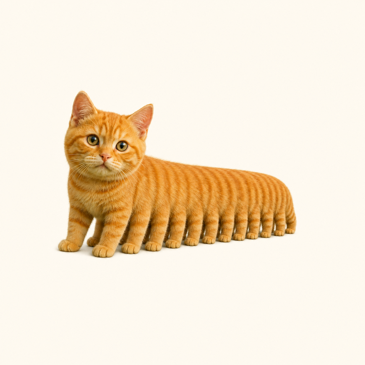 A very long orange tabby with many little furry legs and an innocent expression.