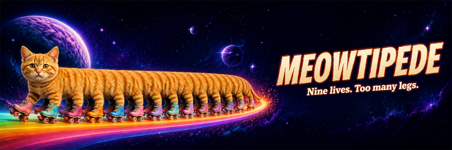 MEOWTIPEDE skating through outer space on a rainbow, wearing a different roller skate on every leg.